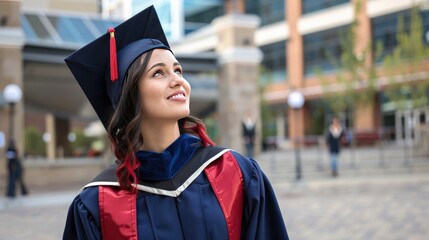 Smiling woman in graduation cap and gown celebrating her achievement in an outdoor setting