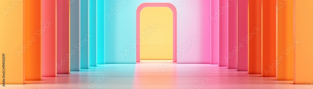 Poster a vibrant hallway filled with colorful arches, creating a unique and inviting atmosphere for explora