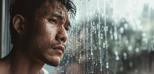 Fototapeta premium A man with a somber expression looks through a rain-streaked window, reflecting a sense of melancholy and introspection. 
