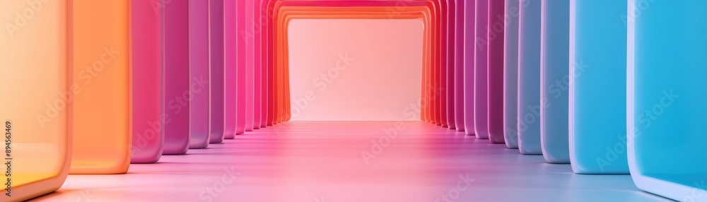 Poster a vibrant tunnel of colorful light patterns creating a modern and dynamic visual effect, perfect for