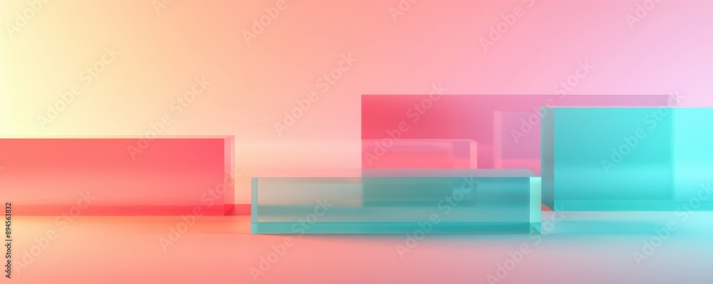 Poster abstract composition of translucent blocks in vibrant pink and teal colors, creating a modern and mi