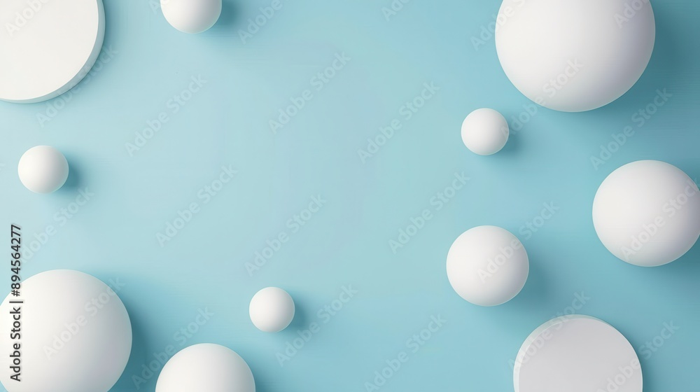 Poster abstract layout with white geometric spheres on a soft blue background, creating a fresh and modern 