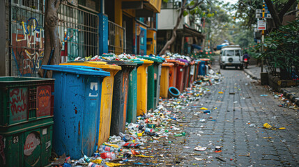 A row of overflowing garbage cans with trash scattered around them on a littered urban street.