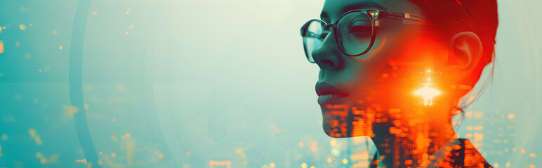 Double exposure of digital identity, woman glasses and business suit in the cityscape