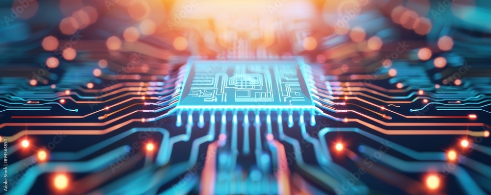 Poster close-up of a microchip with a glowing circuit board, showcasing intricate details and vibrant color