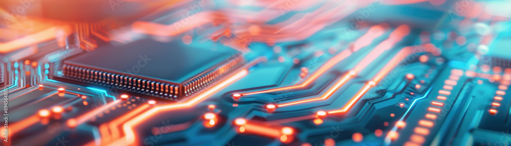 Poster close-up of a vibrant, futuristic circuit board showcasing intricate patterns and glowing components