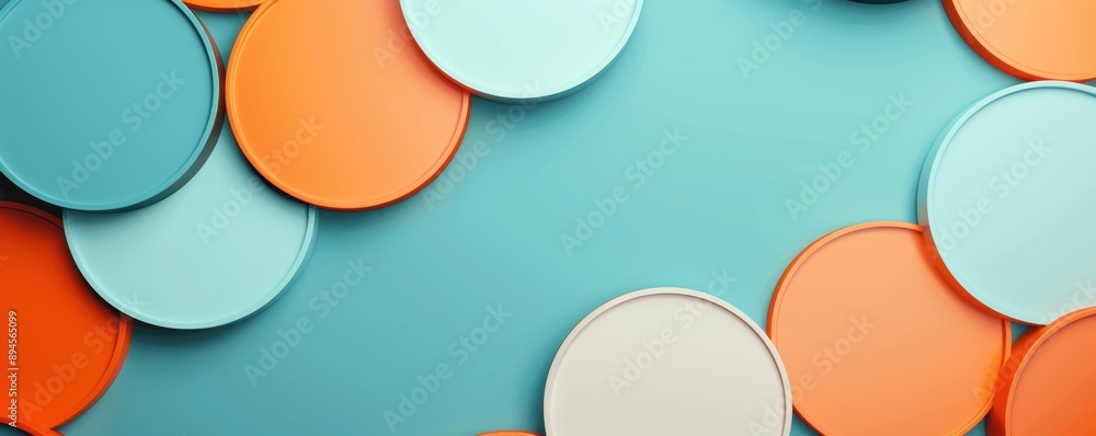 Poster colorful circular shapes in varying shades on a blue background, creating a vibrant and playful visu