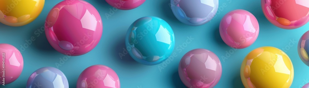 Poster colorful glossy spheres scattered on a vibrant background, creating a playful and dynamic visual for
