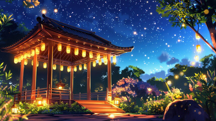 Tranquil night scene featuring a traditional pagoda surrounded by illuminated lanterns and vibrant flowers under a starry sky