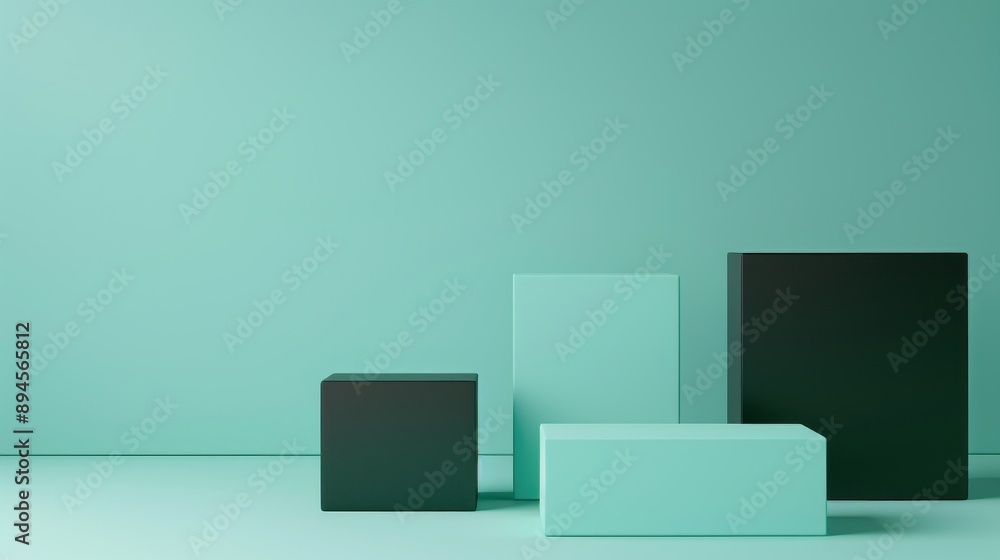 Poster minimalist display featuring abstract shapes in soft green and black tones on a modern backdrop.