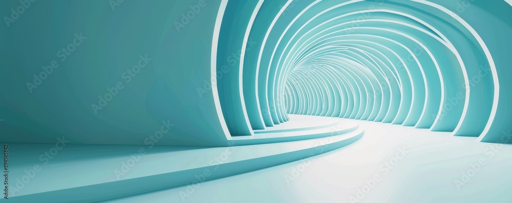 Poster futuristic tunnel design with soft blue tones and glowing lines, creating a serene and captivating a
