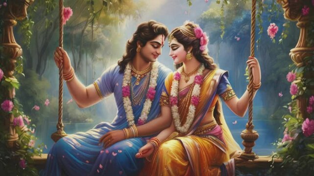 Immerse yourself in the divine love of Krishna and Radha with this beautifully captured moment. Watch as their adorned figures, vibrant attire, and expressive faces tell a timeless story of devotion.