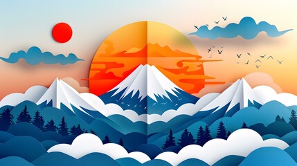 Paper Art Mountain Landscape With Sun and Birds