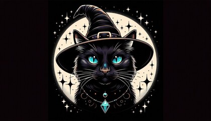 A black cat with piercing blue eyes wears a witch's hat and a celestial pendant against a full moon backdrop..Concept: Mystical Halloween, celestial magic.