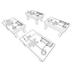 Craft carpentry workbench workshop interior. Wireframe low poly mesh vector illustration
