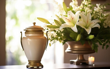 Sunlit Memorial: Funeral Urn and White Lilies Bouquet