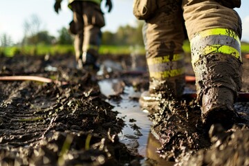 Close up of firefighter's muddy boots during outdoor training, showcasing teamwork and readiness