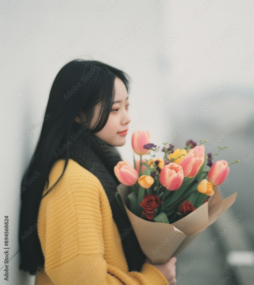 Wall mural Woman in Yellow Coat Holding Tulips