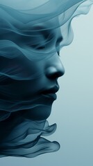 Enchanting Abstract Digital Art of a Woman's Face with Flowing Blue Textures and Soft Gradients