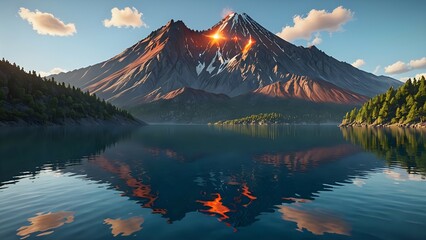 Obraz premium A scenic view of a mountain lake with a volcano in the background at sunset.