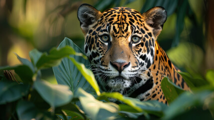 Fototapeta premium A jaguar intensely gazes through the dense jungle foliage, showcasing its majestic presence and vibrant spotted coat.