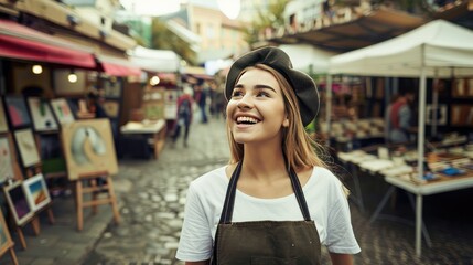Smiling woman in a beret exploring an outdoor market filled with art and crafts