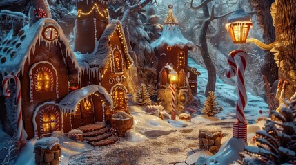 enchanted gingerbread village in magical winter forest sparkling sugar snow candy cane lampposts icing icicles whimsical fairy tale atmosphere