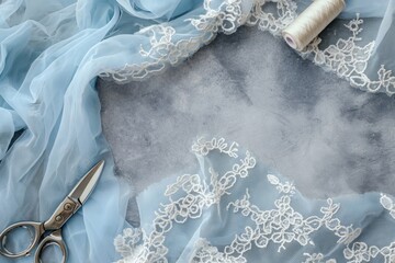 A photo of sewing and tailoring items laid out on a table, including spools of thread, lace and ribbon. Space for copy. Sewing and hobby concept.
