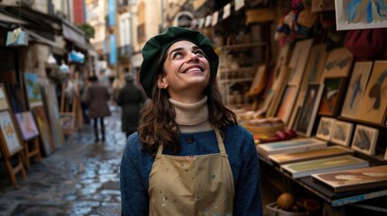 Smiling woman in a turtleneck and beret enjoying an art market filled with paintings