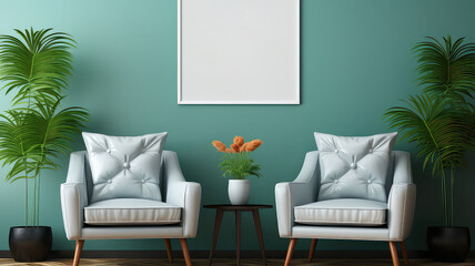 Interior of modern living room with empty poster mockup on wall