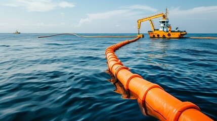Oil spill response in water. LARN. Barriers erected. Accident with oil spill in sea, ocean. Environmental pollution. Oil slick.