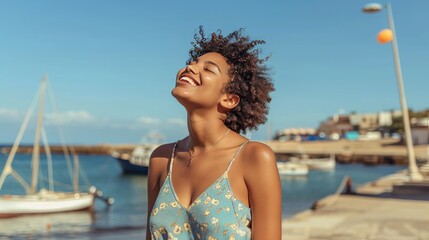 Smiling woman in a summer dress enjoying a sunny day by the harbor with boats