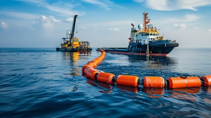 Fototapeta premium Oil spill response in water. LARN. Barriers erected. Accident with oil spill in sea, ocean. Environmental pollution. Oil slick.