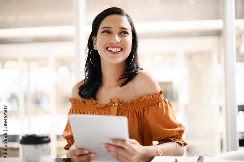 Aufkleber business, woman and thinking with tablet in office for research ideas, problem solving and proposal 