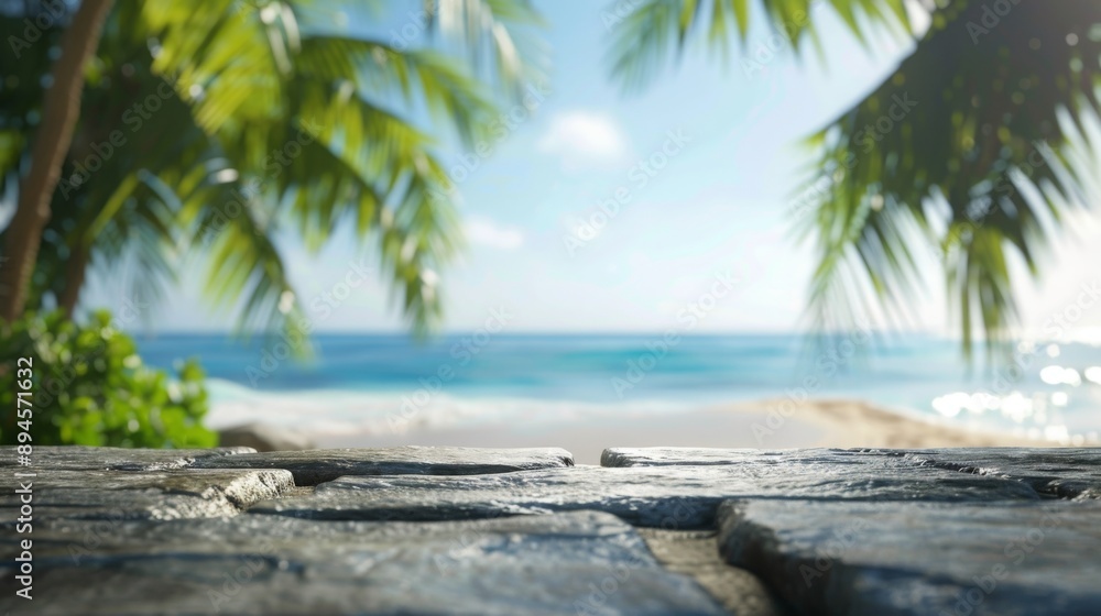 Poster a stone platform sits in the foreground, with a tropical beach and ocean in the background. lush pal