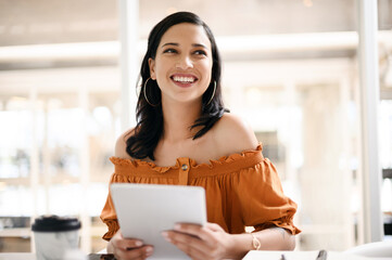 Business, woman and thinking with tablet in office for research ideas, problem solving and proposal...