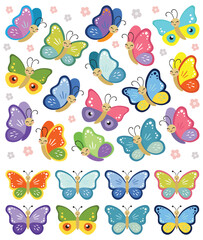 Set of smiling multicolor butterfly clipart. Vector illustration of butterfly cartoon collection on white background. Flying butterfly isolated. Baby shower design elements. Party invitation, birthday