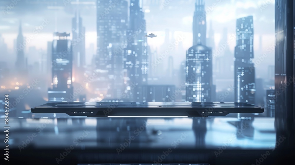 Poster a futuristic cityscape is seen through a window, with a sleek, black platform hovering in the foregr