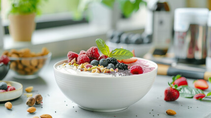 Smoothie bowl topped with fresh berries, nuts, and mint leaves, presented in a stylish white bowl, on a kitchen countertop