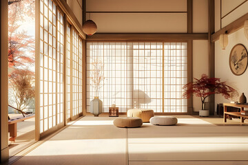 Home interior in japanese style, wall mockup in living room background. Digital illustration. 