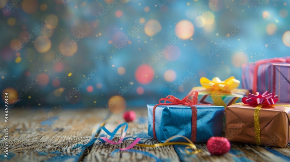 Poster Wrapped presents with colorful ribbons and bows lie on a weathered wooden table against a background of twinkling lights.