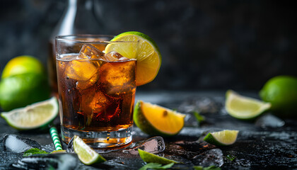 Alcoholic cocktail rum cola with ice, lime, lemon, cola and white rum, dark background