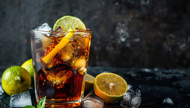 Alcoholic cocktail rum cola with ice, lime, lemon, cola and white rum, dark background