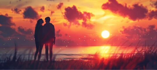Fototapeta premium Picture of lovers' shadows and reflections in the sunset