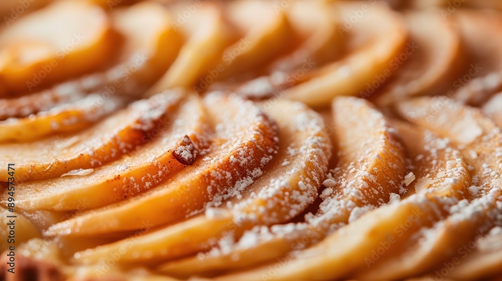 Poster close-up image of a beautifully arranged apple tart with sliced apples and a sprinkle of powdered su