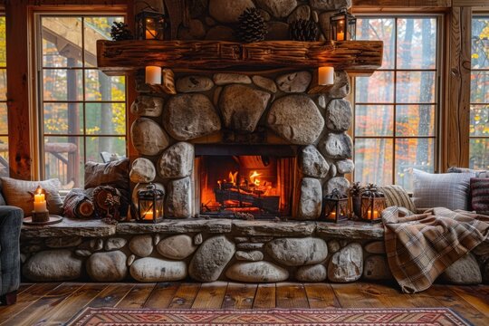 A rustic stone fireplace warms a cozy cabin with a roaring fire and soft candlelight