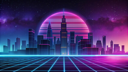 Futuristic Cityscape with Neon Grid and Sunset Glow
