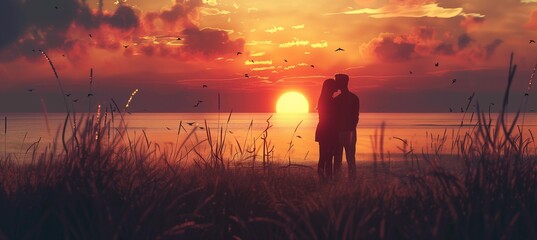 Fototapeta premium Picture of lovers' shadows and reflections in the sunset