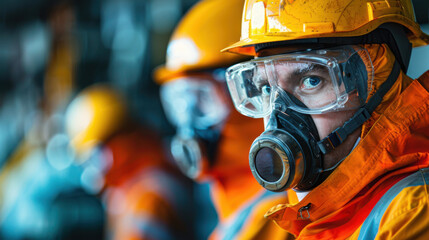 Fototapeta premium Close-up of industrial workers wearing safety gear and masks, emphasizing safety and preparedness in a hazardous environment.