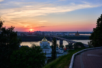 Evening view of Annunciation Monastery, Kanavinsky Bridge and Alexander Nevsky Cathedrall, Nizhny Novgorod, Russia